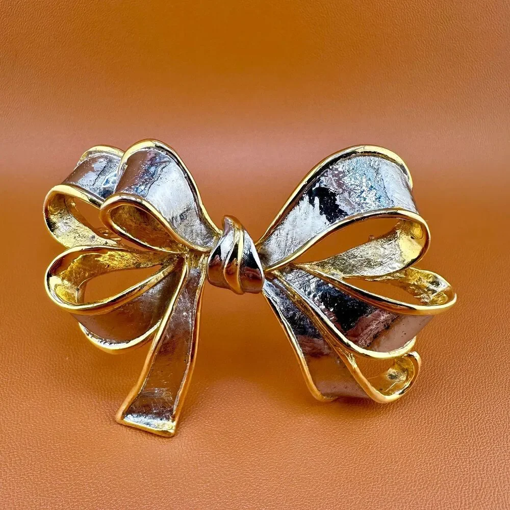 Vintage Bow Brooch Pin Large Gold Silver Tone Statement Ribbon Two Tone 3